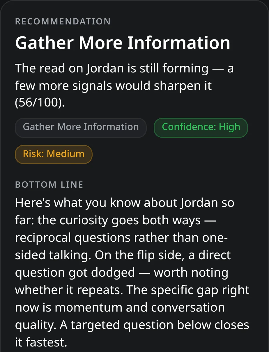 Perscivo Decision Brief for the fictional Alex and Jordan conversation: Gather More Information, 56 out of 100, Confidence High, Risk Medium.