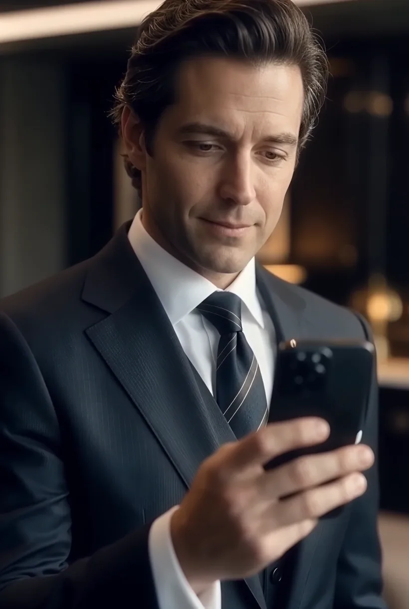 A man in a suit reading a message on his phone